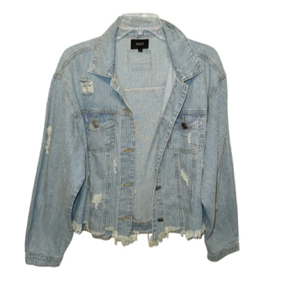Vici Jackets & Blazers - Vici Denim Blue Stripe Distressed Jean Jacket Sz Small Grunge Thrashed skater